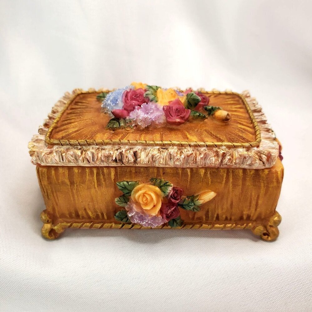 VTG Victorian Floral Jewelry Trinket Box With Raised Rose Design & Gold Accents - Picture 2 of 15
